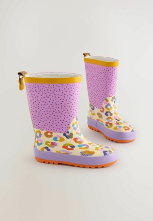 Purple waterproof boots with a yellow trim, featuring a spotted pattern and colorful shapes. Textured rubber sole for grip and durability.