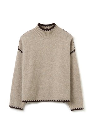 Pull en tricot beige avec un col côtelé haut. Présente des accents de couture marron foncé sur les coutures des épaules et l'ourlet. Texture douce.