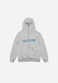 Grå zip-up hoodie med et stort blåt "wasted" motiv på forsiden, forsynet med lommer foran og hætte med snørre. Blød tekstur.