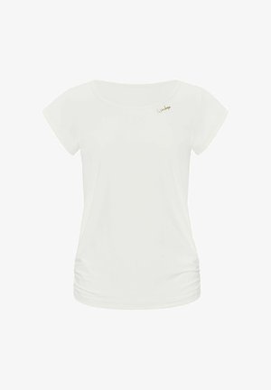 Valkoinen lyhythihainen t-paita, jossa on pyöreä pääntie ja ker gathered-yksityiskohtia sivuilla. Ominaisuuksina kultainen logoprintti olkapään läheisyydessä.