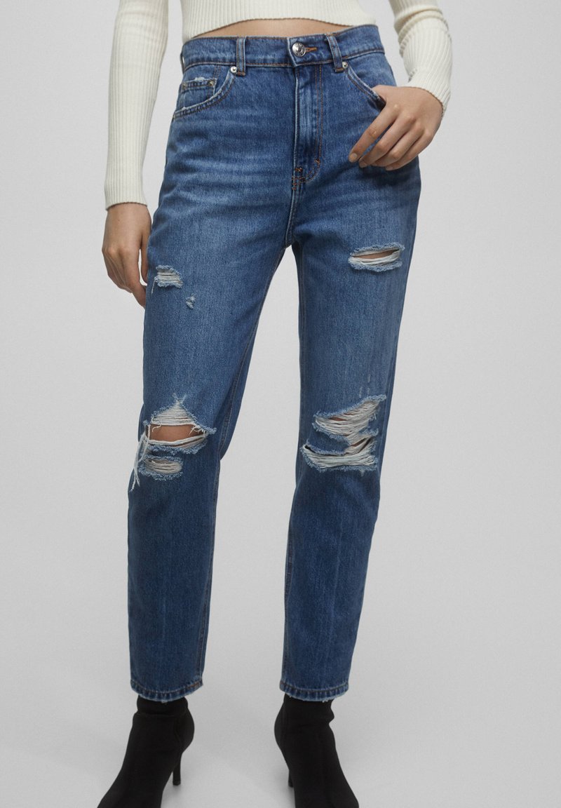 PULL&BEAR RIPPED Straight leg jeans darkblue denim/donkerblauw