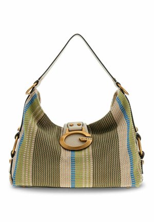 Sac bandoulière à rayures vertes, beiges et bleues, tissu texturé, fermoir logo "G" Guess en or, et sangle en cuir blanc avec anneaux dorés.