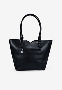 Bolso tote de cuero negro con un borde superior festoneado, dos asas para el hombro y un bolsillo con cremallera en la parte frontal. Acabado brillante con herrajes plateados.