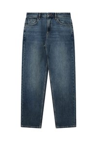 Donkerblauwe denim jeans met een rechte pijp. Beschikt over vier zakken en een ritssluiting met knoopsluiting. Klassiek vijfzakdesign.