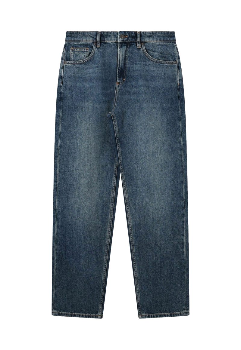 Donkerblauwe denim jeans met een rechte pijp. Beschikt over vier zakken en een ritssluiting met knoopsluiting. Klassiek vijfzakdesign.