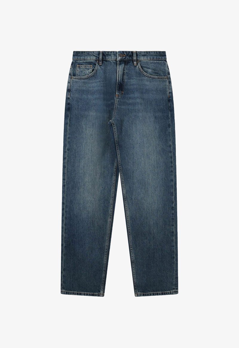 Jean en denim bleu foncé avec une coupe droite. Comprend quatre poches et une fermeture éclair avec un bouton. Design classique à cinq poches.