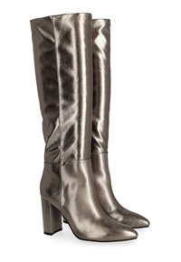 Botas metálicas hasta la rodilla con punta afilada y tacón ancho. Textura suave y reflectante; diseño sin costuras y con acentos mínimos.