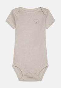 Beżowy bodysuit z krótkim rękawem, wykonany z miękkiej bawełny, z konturowym wzorem słonia na klatce piersiowej i zapięciem na zatrzaski na dole.