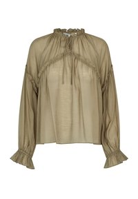 Blouse légère vert olive à manches longues. Dotée d'un col à volants, d'un détail à nouer et de poignets élastiqués pour une coupe ample.