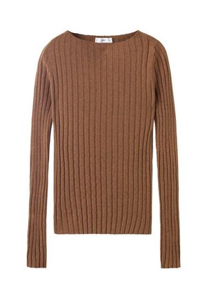 Pull marron à manches longues et à col rond, avec un tissu texturé mettant en avant des lignes verticales. Design simple et ajusté.
