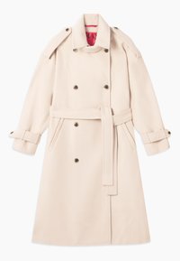 Beige Trenchcoat aus weichem Stoff, mit doppelt geknöpftem Vorderteil, taillenbündigem Gürtel, Schulterklappen und Armabschlussdetails.