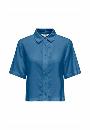 Niebieska damska koszula z krótkim rękawem, zapinana na guziki, z klasycznym kołnierzem, krótszym krojem i gładkim materiałem marki ONLY.