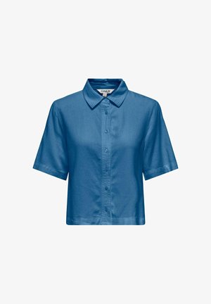 Blue short-sleeve women's button-up shirt with a classic collar, cropped fit, and smooth fabric by the brand ONLY.