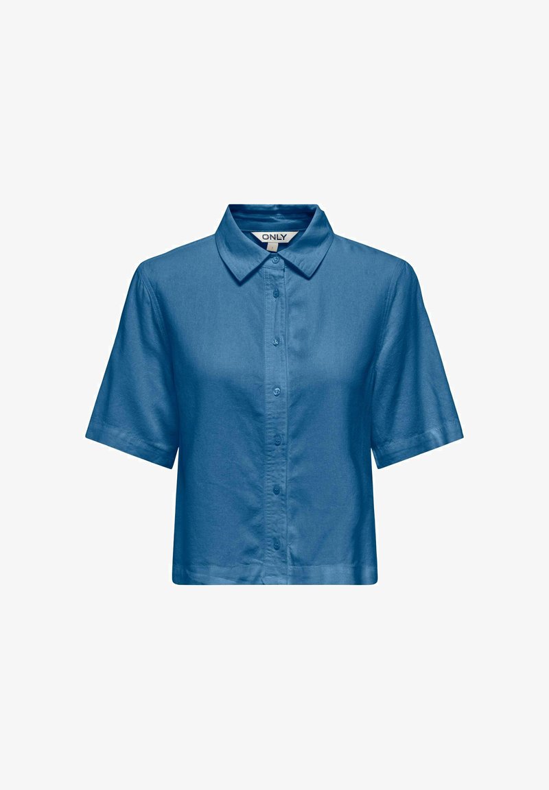 Chemise bleue à manches courtes pour femme avec boutons, col classique, coupe courte et tissu lisse de la marque ONLY.