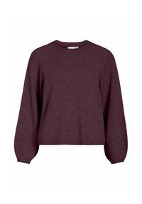 Burgunderfarbener Strickpullover mit Rundhalsausschnitt, langen Ärmeln und lockerer Passform; verfügt über einen gerippten Saum und Bündchen.