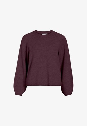 Burgunderfarbener Strickpullover mit Rundhalsausschnitt, langen Ärmeln und lockerer Passform; verfügt über einen gerippten Saum und Bündchen.