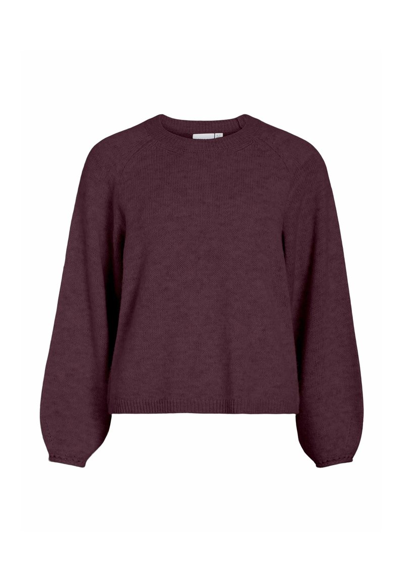 Burgunderfarbener Strickpullover mit Rundhalsausschnitt, langen Ärmeln und lockerer Passform; verfügt über einen gerippten Saum und Bündchen.