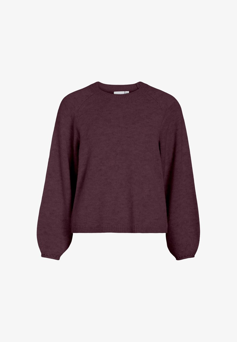 Burgunderfarbener Strickpullover mit Rundhalsausschnitt, langen Ärmeln und lockerer Passform; verfügt über einen gerippten Saum und Bündchen.