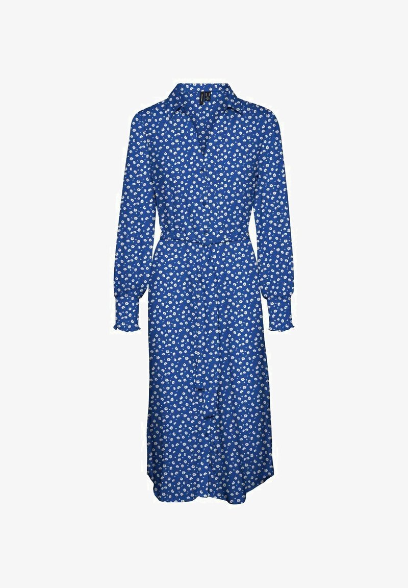 Robe bleue avec une fermeture à boutons sur le devant, manches longues, un col et un motif floral blanc. Tissu lisse avec une taille ceinturée et un ourlet asymétrique.