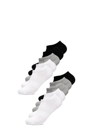 Sets of multiple ankle socks in black, gray, and white arranged in three diagonal rows on a white background.