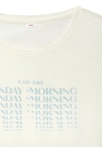 Light-colored cotton T-shirt with a round neckline featuring a blue printed text design that says "EASY LIKE MONDAY MORNING" in various fonts.