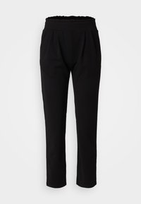 Pantalon noir avec une ceinture froncée, un devant plissé, des jambes fuselées et une texture lisse. Style simple et classique sans ornements.