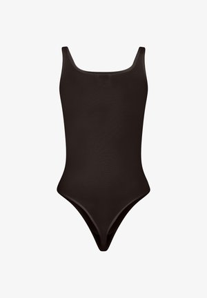 Sort badedragt i ét stykke med rund halsudskæring og høje benudskæringer, vist på en hvid baggrund.