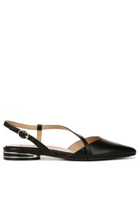 Black leather slingback shoes with a pointed toe, featuring cut-out design, narrow straps, and a low block heel with metallic accents.