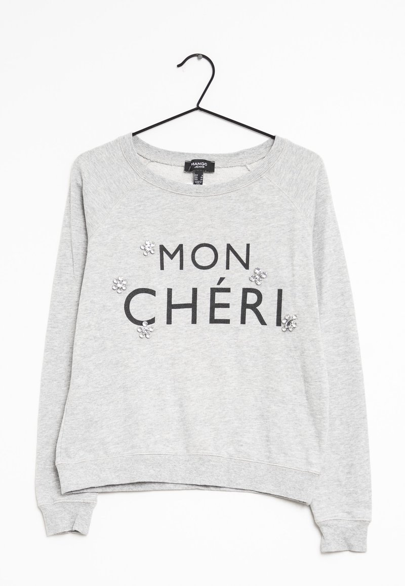Jasnoszara bluza z czarnym napisem "MON CHÉRI." Zdobiona dekoracyjnymi cekinami, z okrągłym dekoltem. Miękka tkanina, ściągacze na mankietach i u dołu.