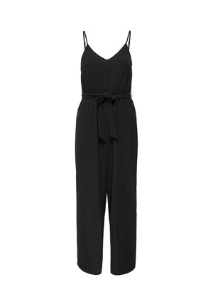 Sort ærmeløs jumpsuit med justerbare stropper, V-halsudskæring, bukser med vide ben og et bundet stofbælte i taljen.