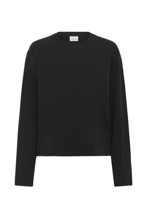 Čierne tričko s dlhým rukávom a okrúhlym výstrihom, s rovnomerným lemom, vyrobené z hladkej látky, zobrazené na bielom pozadí.