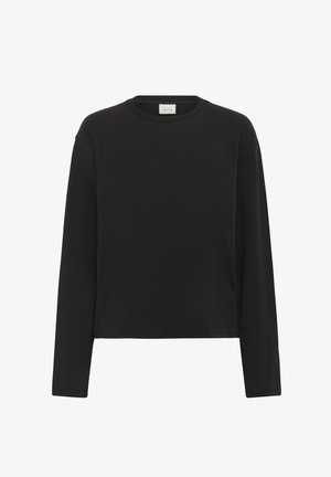 Čierne tričko s dlhým rukávom a okrúhlym výstrihom, s rovnomerným lemom, vyrobené z hladkej látky, zobrazené na bielom pozadí.