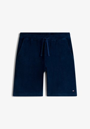 Mørkeblå terry stof shorts med elastisk taljebånd, snøre, sidelommer og lille logo nær kanten på venstre ben.