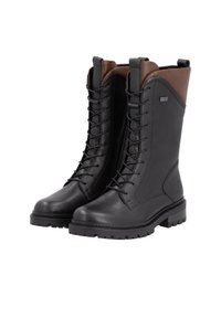 Schwarze Lederstiefel mit braunen Akzenten, hohes Design, Schnürung vorn, strukturierte robuste Sohle und verstärkter Fersenbereich, geeignet für raue Einsätze.