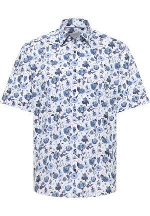 Kortærmet skjorte med knapper, blå og lilla blomsterprint på hvid baggrund, klassisk krave og lige kant.