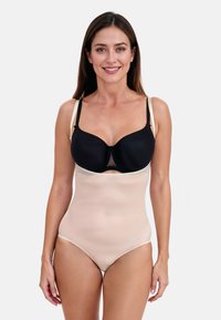 Zwarte beha met verstelbare banden gecombineerd met een nude body. De body heeft een gladde, matte textuur en hoog uitgesneden beenopeningen.