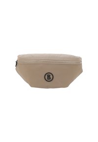 Marsupio in nylon beige con chiusura a zip e logo nero circolare. Design arrotondato con una texture liscia e una leggera lucentezza.