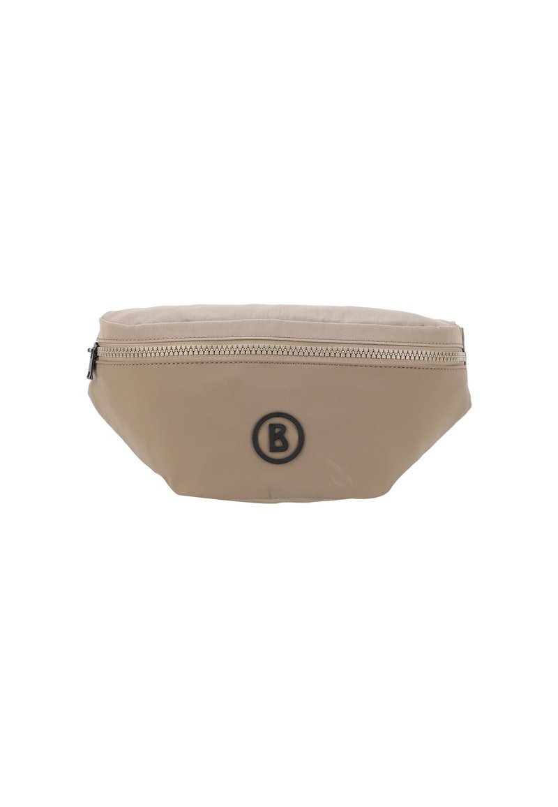 Marsupio in nylon beige con chiusura a zip e logo nero circolare. Design arrotondato con una texture liscia e una leggera lucentezza.