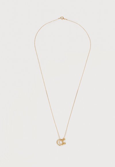Delicate gold chain necklace with a small horseshoe-shaped pendant featuring two round accents on a white background.