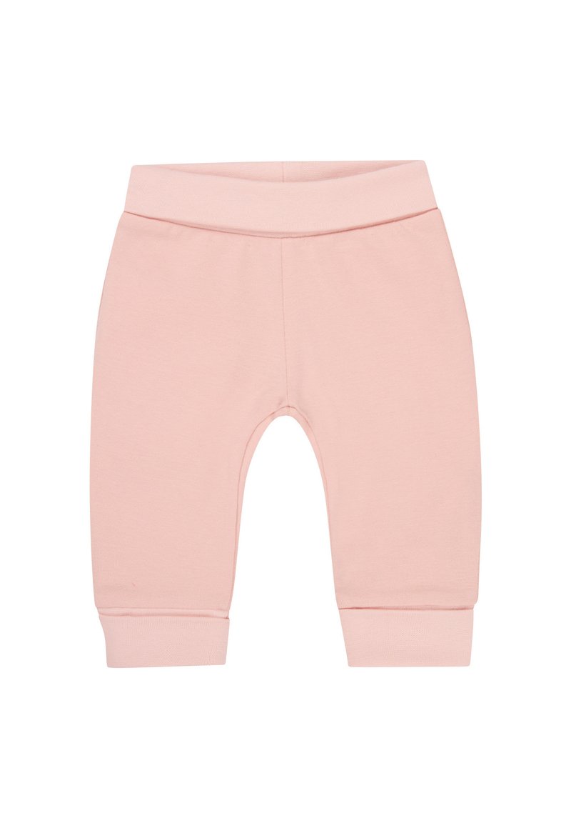 Roze katoenen broek met een elastische tailleband en manchetten, met een gladde textuur en een eenvoudig, recht gesneden ontwerp.