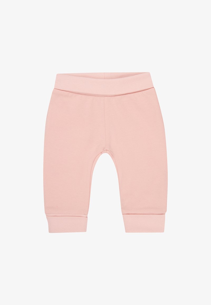 Pantalons en coton rose avec une taille élastique et des poignets, présentant une texture lisse et un design simple à jambes droites.