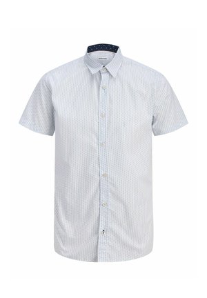 Chemise à manches courtes bleu clair avec petits motifs de points foncés et doublure intérieure de col foncée.