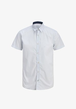 Chemise à manches courtes bleu clair avec petits motifs de points foncés et doublure intérieure de col foncée.