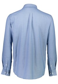 Ljusblå skjorta med långa ärmar i textilerad tyg; har krage med knappar, enkel yttersöm och tvåknappsmuddar.