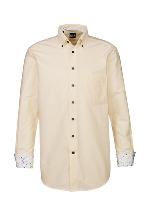 Chemise à manches longues jaune clair avec col boutonné, boutons noirs et poignets à motifs comportant des accents bleus, verts et roses.
