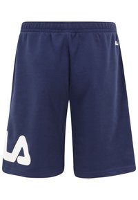 Shorts sportivi blu navy in un tessuto liscio con una cintura elastica e un grande logo bianco sul lato sinistro. Design di lunghezza standard.