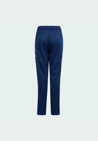 Marineblauwe sportbroek met een elastische tailleband, voorzien van een smal toelopende pasvorm en zijpaneelaccenten. Gemaakt van een gladde, rekbare stof.
