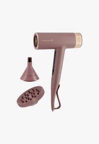 Remington hårføner i matt rosa med gullfarger, med en teksturert munnstykke og vedlegg, ergonomisk håndtak og kontrollknapper.