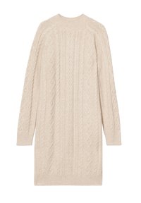 Robe en tricot beige avec un motif de câble texturé, des manches longues et un col rond, avec des poignets et un ourlet en côtes.