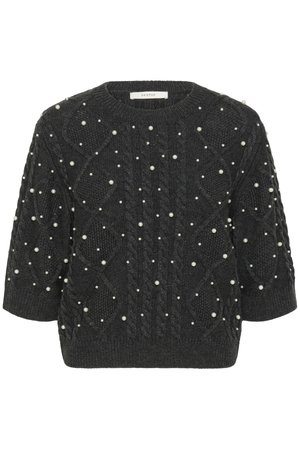 Mørkegrå strikket sweater med korte ærmer, der har et kabelstrik mønster og er pyntet med falske perler overfladen.